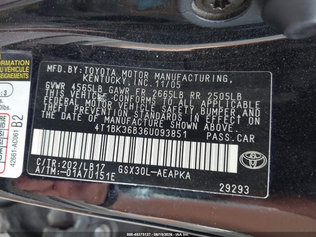 Продажа на аукционе авто 2006 Toyota Avalon Limited, vin: 4T1BK36B36U093851, номер лота: 45375137