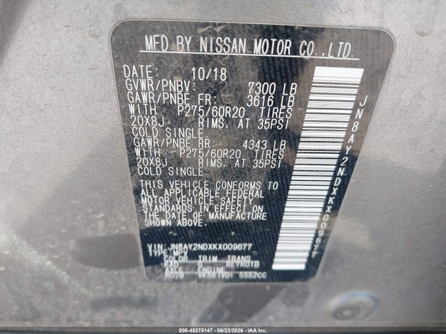 Nissan Armada Sl 2019 JN8AY2NDXKX009677 Image 9