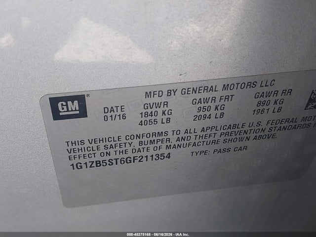 Продажа на аукционе авто 2016 Chevrolet Malibu Ls, vin: 1G1ZB5ST6GF211354, номер лота: 45375168