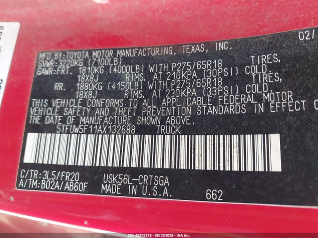 Продаж на аукціоні авто 2010 Toyota Tundra Grade 5.7l V8, vin: 5TFUW5F11AX132688, номер лоту: 45375175