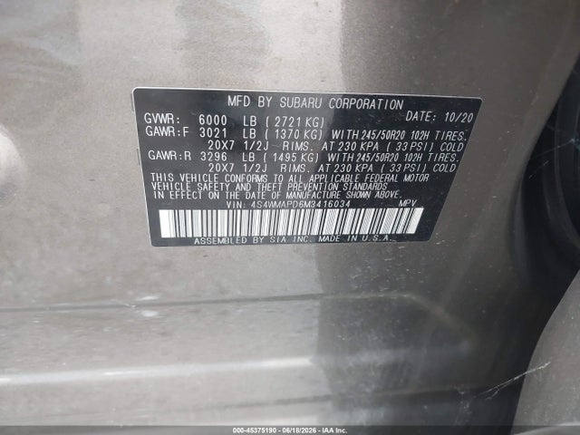 Aukcja sprzedaży 2021 Subaru Ascent Limited, vin: 4S4WMAPD6M3416034, numer aukcji: 45375190