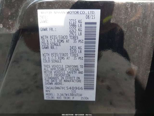 45375195 :رقم المزاد ، 5N1AL0MN7FC540966 vin ، 2015 Infiniti Qx60 مزاد بيع