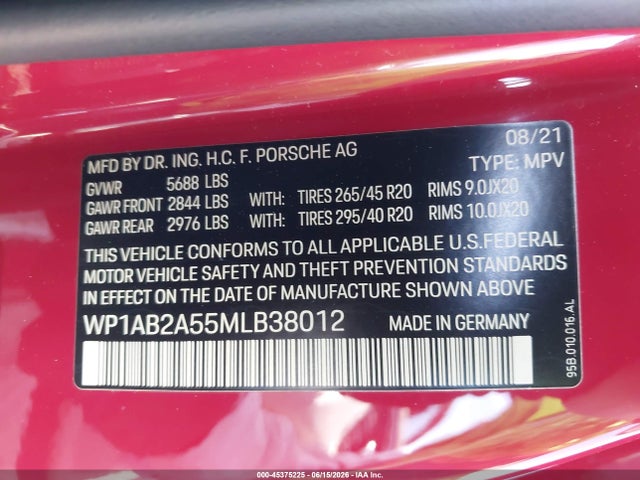 2021 Porsche Macan S მანქანა იყიდება აუქციონზე, vin: WP1AB2A55MLB38012, აუქციონის ნომერი: 45375225