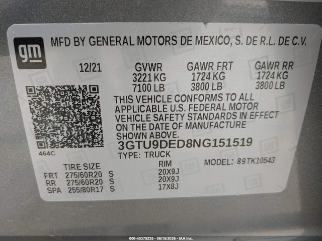 Aukcja sprzedaży 2022 Gmc Sierra 1500 Limited 4wd  Short Box Slt, vin: 3GTU9DED8NG151519, numer aukcji: 45375235