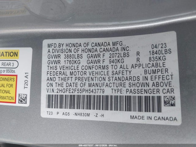 Honda Civic Sport 2023 2HGFE2F55PH543779 Image 9