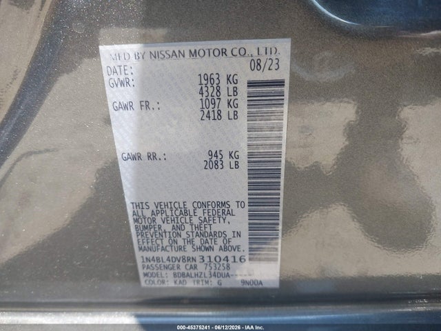 45375241 :رقم المزاد ، 1N4BL4DV8RN310416 vin ، 2024 Nissan Altima Sv Fwd مزاد بيع
