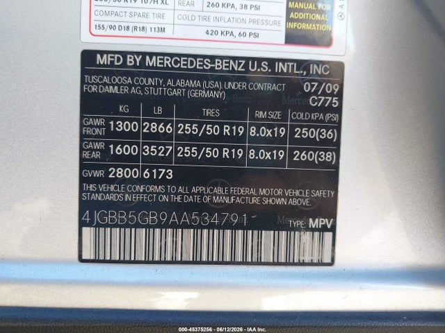 45375256 :رقم المزاد ، 4JGBB5GB9AA534791 vin ، 2010 Mercedes-benz Ml 350 مزاد بيع