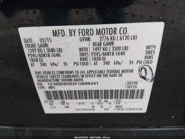 2015 Ford Explorer Xlt მანქანა იყიდება აუქციონზე, vin: 1FM5K8D82FGB88241, აუქციონის ნომერი: 45375275