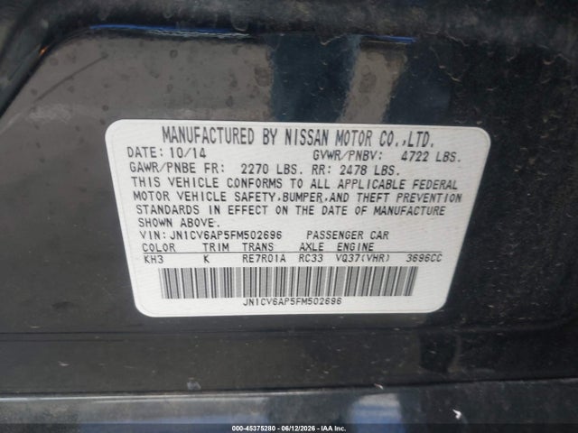 45375280 :رقم المزاد ، JN1CV6AP5FM502696 vin ، 2015 Infiniti Q40 مزاد بيع