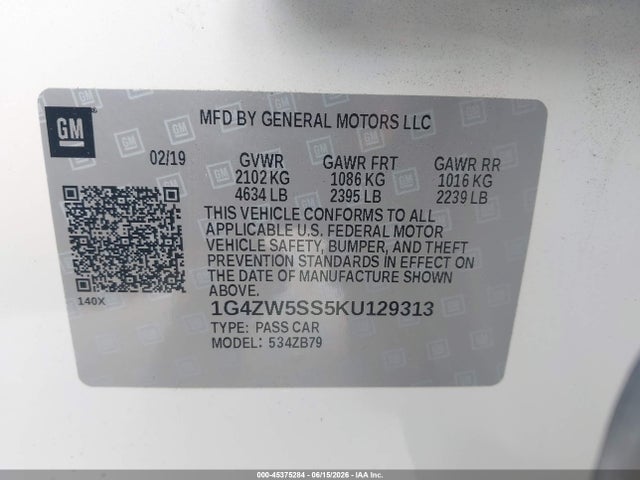 2019 Buick Lacrosse Fwd Sport Touring მანქანა იყიდება აუქციონზე, vin: 1G4ZW5SS5KU129313, აუქციონის ნომერი: 45375284