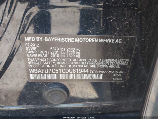 45375291 :رقم المزاد ، WBAFU7C51CDU61944 vin ، 2012 Bmw 535i Xdrive مزاد بيع