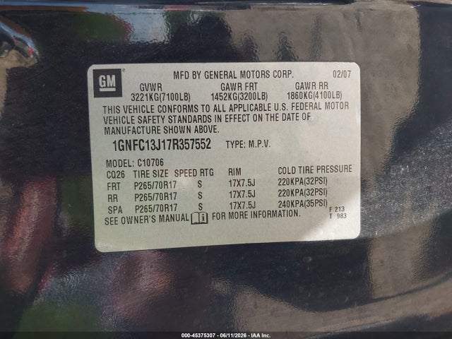 Продаж на аукціоні авто 2007 Chevrolet Tahoe Lt, vin: 1GNFC13J17R357552, номер лоту: 45375307
