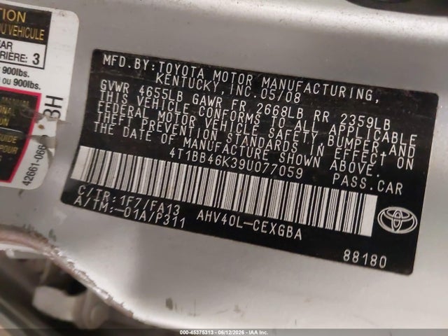 Aukcja sprzedaży 2009 Toyota Camry Hybrid, vin: 4T1BB46K39U077059, numer aukcji: 45375313