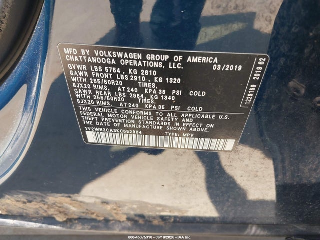 1V2WR2CA3KC552804 Volkswagen Atlas 3.6l V6 Se W/technology