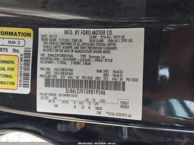 Продаж на аукціоні авто 2013 Lincoln Mkz, vin: 3LN6L2J91DR819546, номер лоту: 45375323
