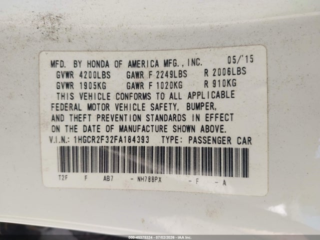Honda ACCORD LX 2015 1HGCR2F32FA184393 Image 9