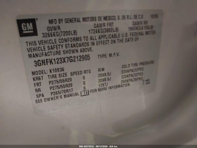 45375332 :رقم المزاد ، 3GNFK123X7G212905 vin ، 2007 Chevrolet Avalanche 1500 Lt مزاد بيع