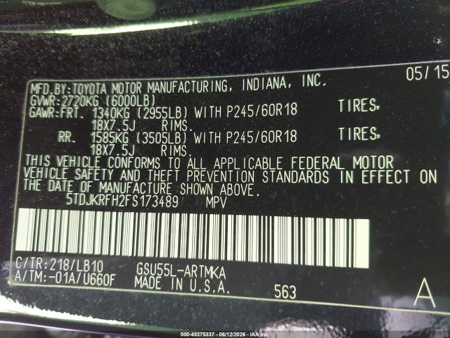 Toyota Highlander Xle V6 2015 5TDJKRFH2FS173489 Image 9