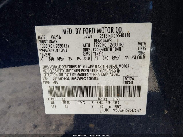 Ford EDGE SEL 2016 2FMPK4J96GBC13682 Image 9