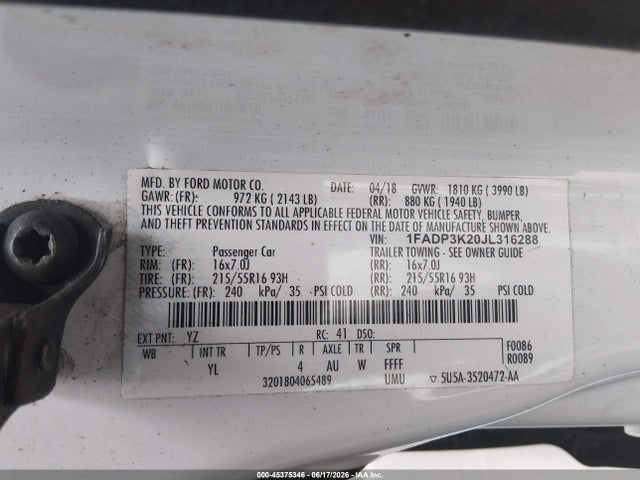 Продаж на аукціоні авто 2018 Ford Focus Se, vin: 1FADP3K20JL316288, номер лоту: 45375346