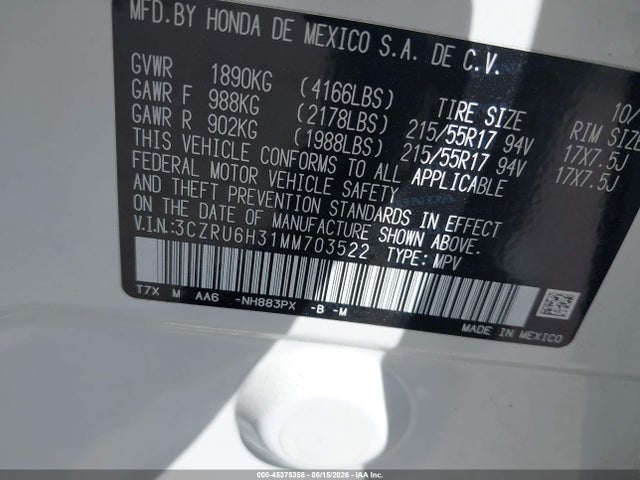 Honda Hr-v Awd Lx 2021 3CZRU6H31MM703522 Image 9