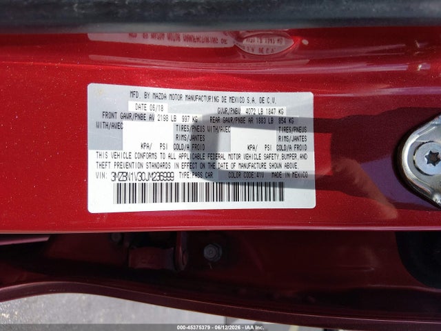 Aukcja sprzedaży 2018 Mazda Mazda3 Touring, vin: 3MZBN1V30JM236999, numer aukcji: 45375379