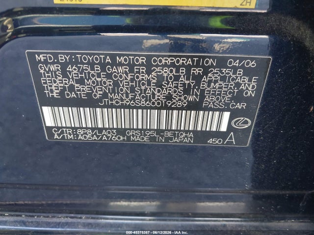 Aukcja sprzedaży 2006 Lexus Gs 300, vin: JTHCH96S860019289, numer aukcji: 45375387