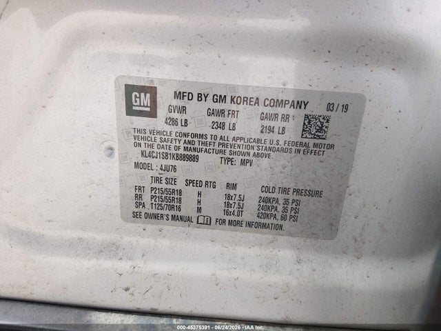 Продаж на аукціоні авто 2019 Buick Encore Fwd Sport Touring, vin: KL4CJ1SB1KB889889, номер лоту: 45375391