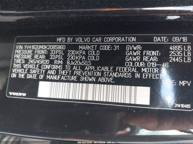 45375393 :رقم المزاد ، YV4162UM0K2085860 vin ، 2019 Volvo Xc40 T5 R-design مزاد بيع