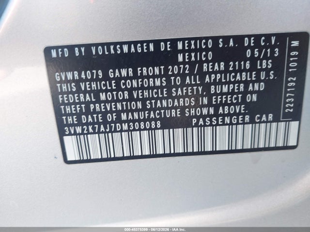 Aukcja sprzedaży 2013 Volkswagen Jetta 2.0l S, vin: 3VW2K7AJ7DM308088, numer aukcji: 45375399