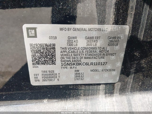 45375422 :رقم المزاد ، 1GNSKBKC6LR110127 vin ، 2020 Chevrolet Tahoe 4wd Lt مزاد بيع