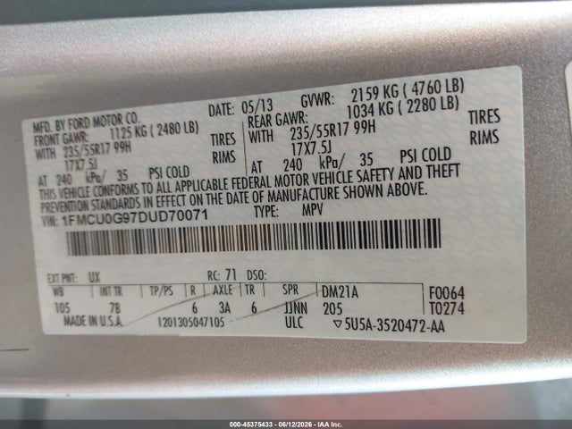 45375433 :رقم المزاد ، 1FMCU0G97DUD70071 vin ، 2013 Ford Escape Se مزاد بيع