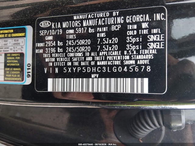 Aukcja sprzedaży 2020 Kia Telluride Sx, vin: 5XYP5DHC3LG045678, numer aukcji: 45375440