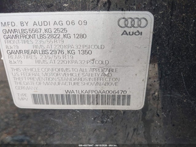 45375447 :رقم المزاد ، WA1LKAFP0AA006470 vin ، 2010 Audi Q5 3.2 Premium مزاد بيع