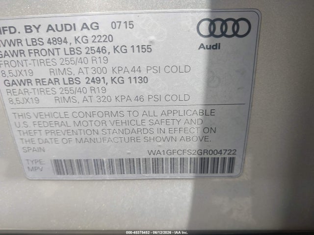 Aukcja sprzedaży 2016 Audi Q3 2.0t Premium Plus, vin: WA1GFCFS2GR004722, numer aukcji: 45375452