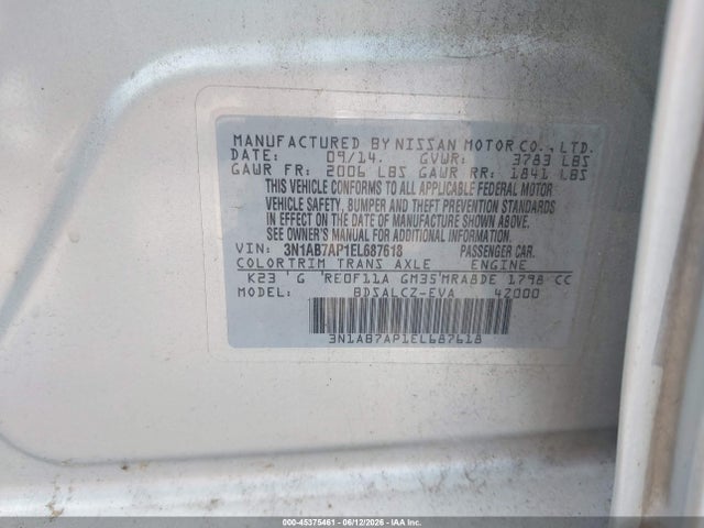 Aukcja sprzedaży 2014 Nissan Sentra S, vin: 3N1AB7AP1EL687618, numer aukcji: 45375461