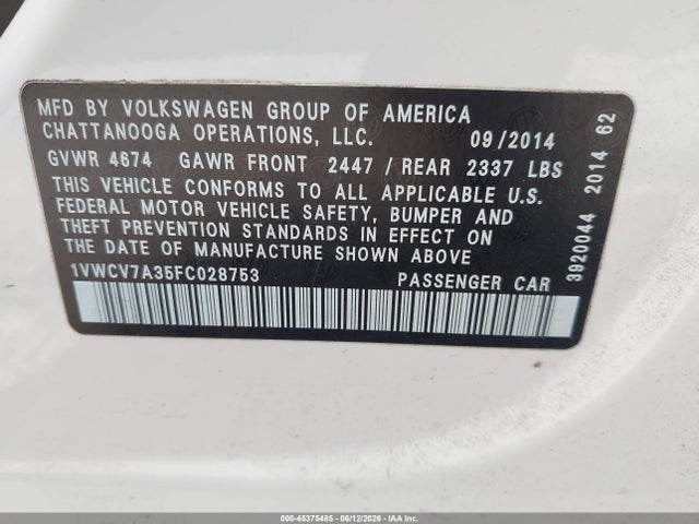 2015 Volkswagen Passat 2.0l Tdi Sel Premium მანქანა იყიდება აუქციონზე, vin: 1VWCV7A35FC028753, აუქციონის ნომერი: 45375485