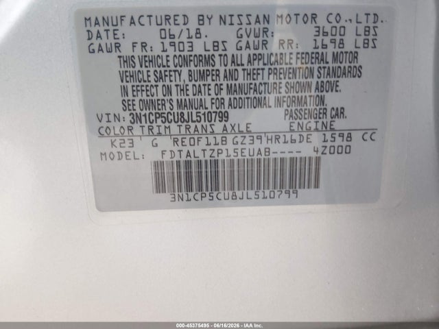 3N1CP5CU8JL510799 Nissan KICKS SR