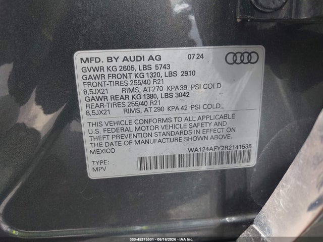 45375501 :رقم المزاد ، WA124AFY2R2141535 vin ، 2024 Audi Sq5 Sportback Premium Plus Tfsi Quattro Tiptronic مزاد بيع
