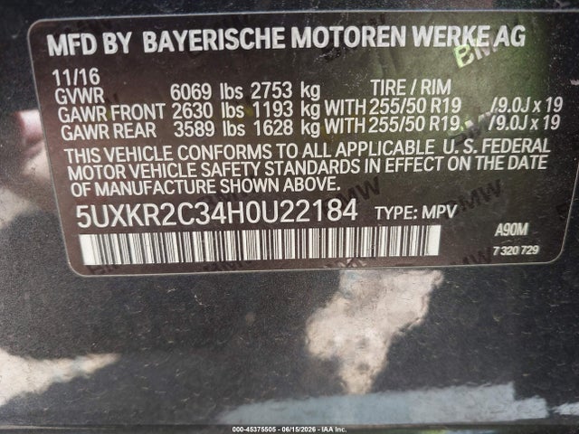 Продажа на аукционе авто 2017 Bmw X5 Sdrive35i, vin: 5UXKR2C34H0U22184, номер лота: 45375505