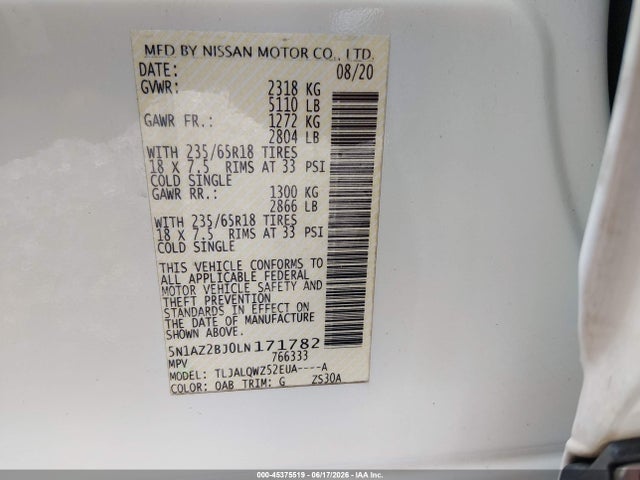 Продаж на аукціоні авто 2020 Nissan Murano Sv Fwd, vin: 5N1AZ2BJ0LN171782, номер лоту: 45375519