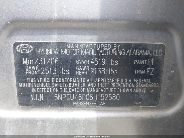 45375523 :رقم المزاد ، 5NPEU46F06H152580 vin ، 2006 Hyundai Sonata Gls V6/lx V6 مزاد بيع