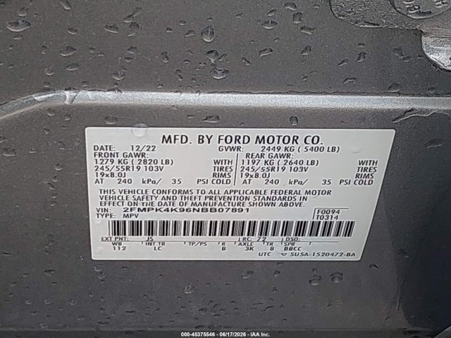 Продаж на аукціоні авто 2022 Ford Edge Titanium, vin: 2FMPK4K96NBB07891, номер лоту: 45375546