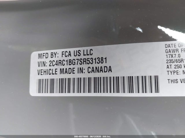 2025 Chrysler Pacifica Select მანქანა იყიდება აუქციონზე, vin: 2C4RC1BG7SR531381, აუქციონის ნომერი: 45375585