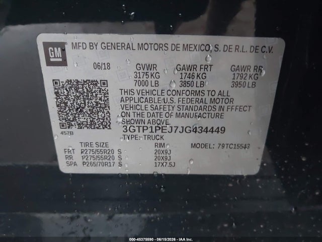 45375590 :رقم المزاد ، 3GTP1PEJ7JG434449 vin ، 2018 Gmc Sierra 1500 Denali مزاد بيع