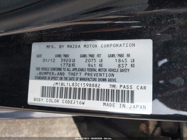 Aukcja sprzedaży 2012 Mazda Mazda3 I Touring, vin: JM1BL1L83C1598882, numer aukcji: 45375612