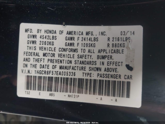 Auction sale of the 2014 Honda Accord Hybrid Ex-l, vin: 1HGCR6F57EA005336, lot number: 45375615