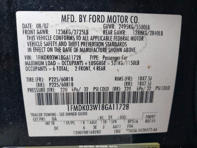 45375635 :رقم المزاد ، 1FMDK03W18GA11728 vin ، 2008 Ford Taurus X Limited مزاد بيع