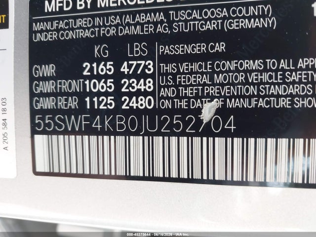 Продаж на аукціоні авто 2018 Mercedes-benz C 300 4matic, vin: 55SWF4KB0JU252704, номер лоту: 45375644