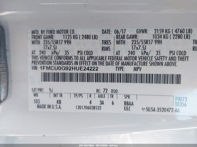 45375645 :رقم المزاد ، 1FMCU0G92HUE24222 vin ، 2017 Ford Escape Se مزاد بيع